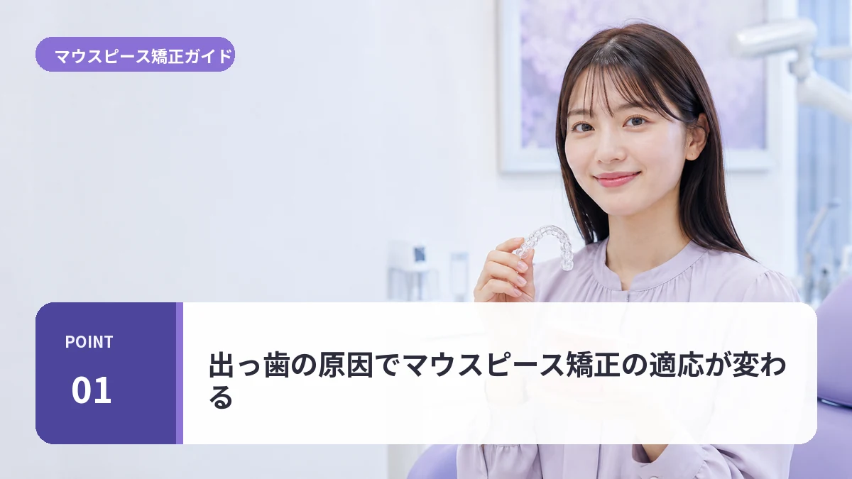 出っ歯の原因でマウスピース矯正の適応が変わるについて説明する20代前半女性のイメージ