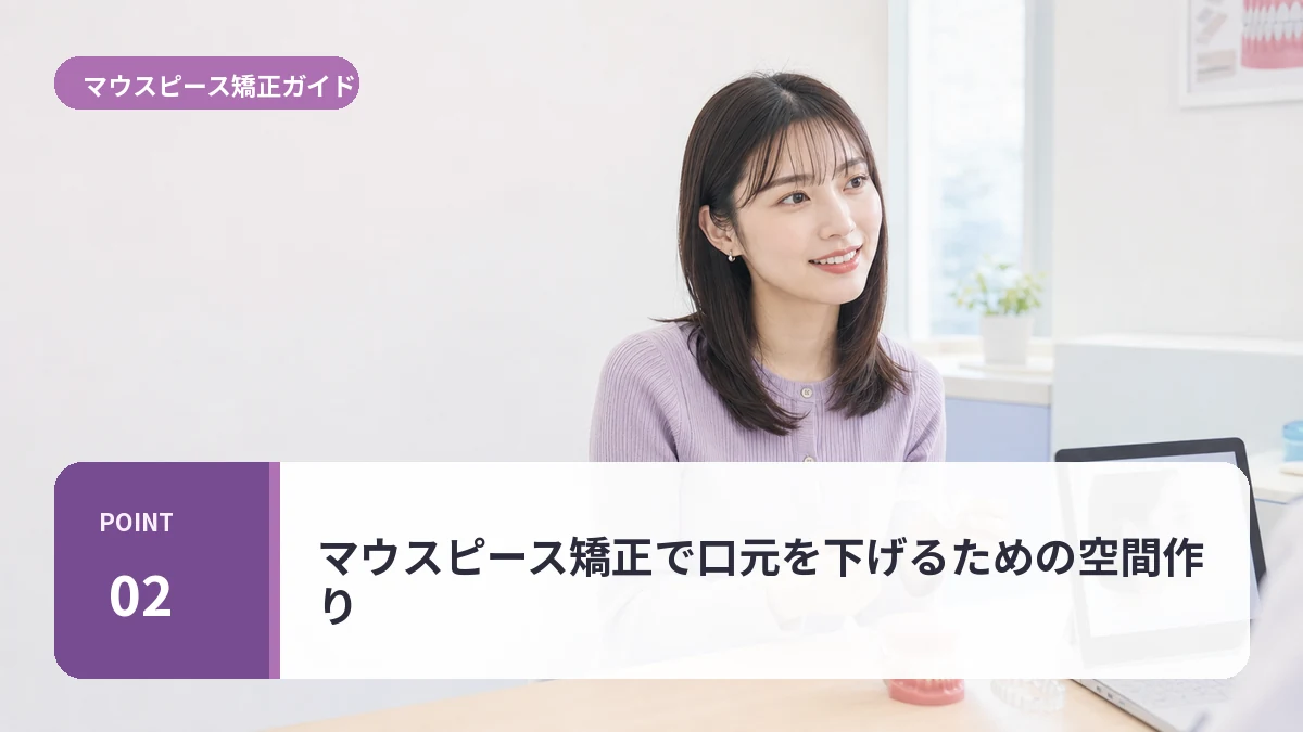 マウスピース矯正で口元を下げるための空間作りについて説明する20代前半女性のイメージ