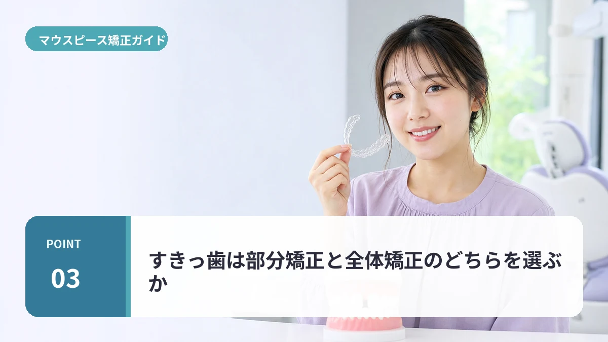 すきっ歯は部分矯正と全体矯正のどちらを選ぶかについて説明する20代前半女性のイメージ